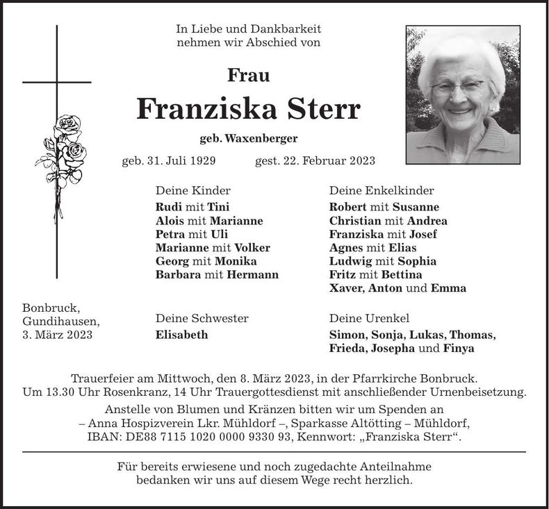 Traueranzeige Franziska Sterr