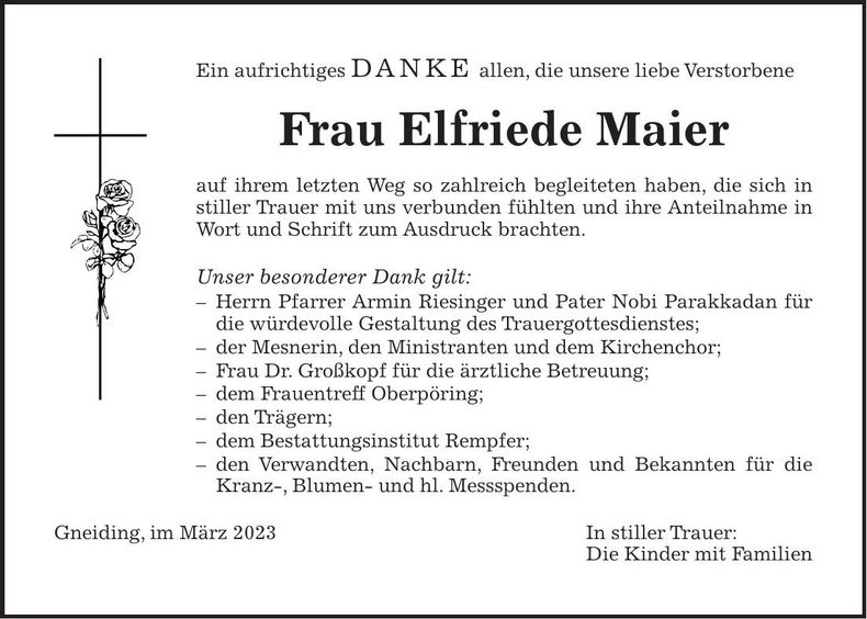 Traueranzeige Elfriede Maier