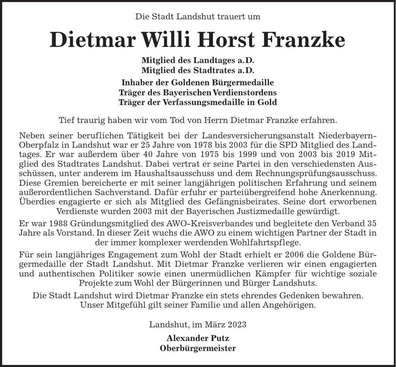 Traueranzeige Dietmar Franzke
