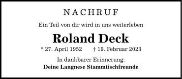 Traueranzeige Roland Deck