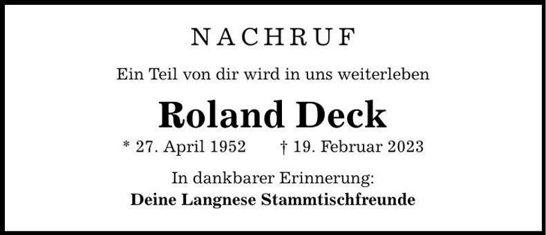Traueranzeige Roland Deck