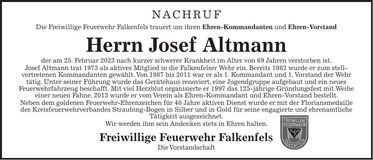 Traueranzeige Josef Altmann