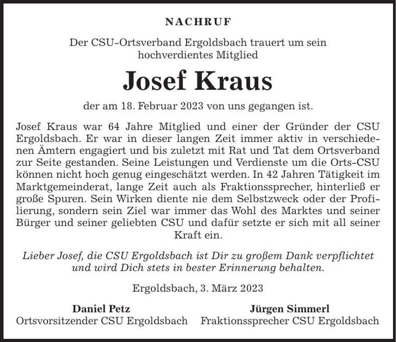 Traueranzeige Josef Kraus