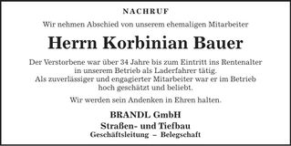 Traueranzeige Korbinian Bauer