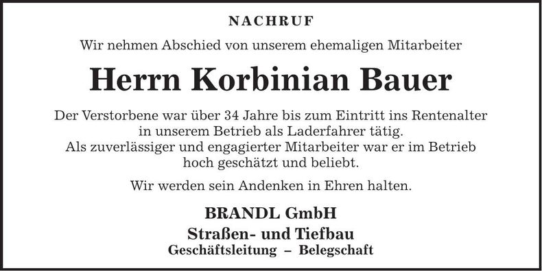 Traueranzeige Korbinian Bauer
