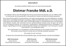 Traueranzeige Dietmar Franzke