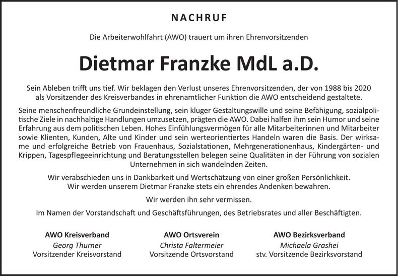 Traueranzeige Dietmar Franzke