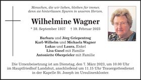 Traueranzeige Wilhelmine Wagner