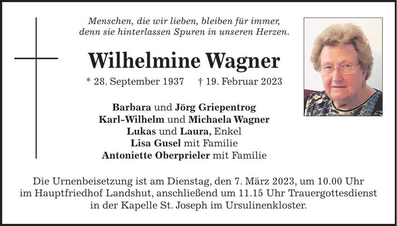 Traueranzeige Wilhelmine Wagner