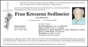 Traueranzeige Kreszenz Sedlmeier