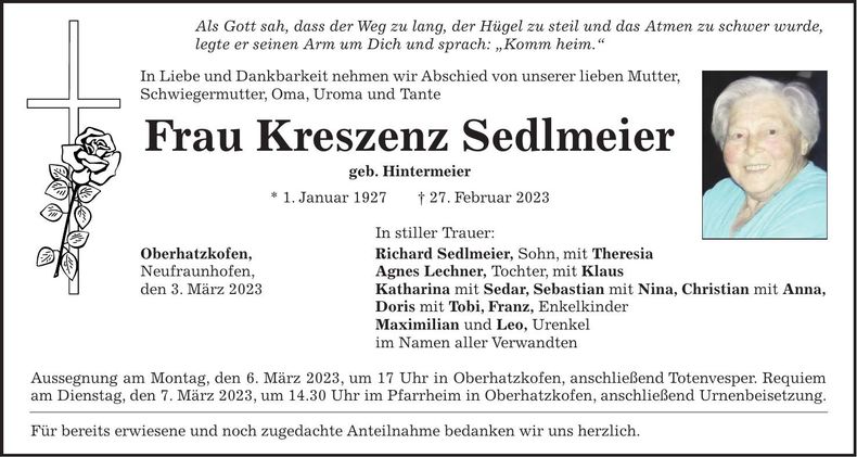 Traueranzeige Kreszenz Sedlmeier