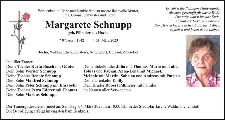 Traueranzeige Margarete Schnupp