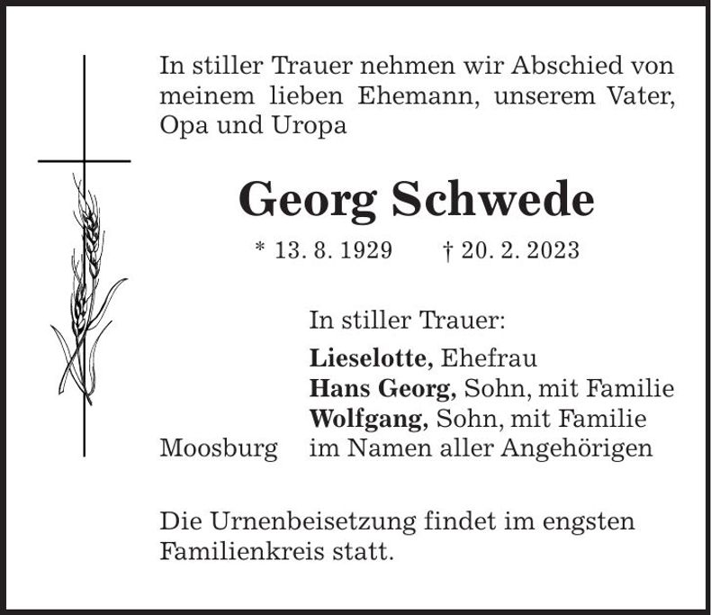 Traueranzeige Georg Schwede