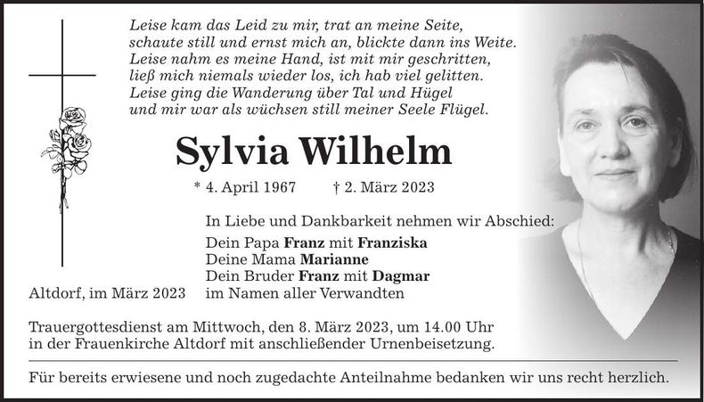 Traueranzeige Sylvia Wilhelm