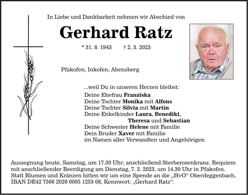 Traueranzeige Gerhard Ratz