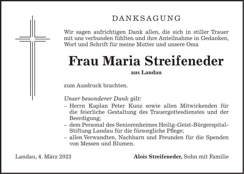 Traueranzeige Maria Streifeneder