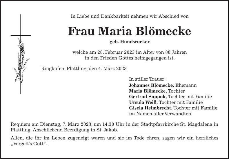 Traueranzeige Maria Blömecke