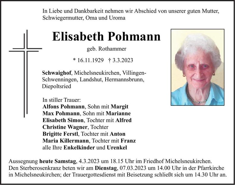 Traueranzeige Elisabeth Pohmann