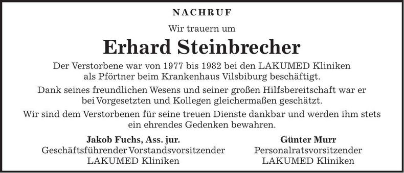 Traueranzeige Erhard Steinbrecher
