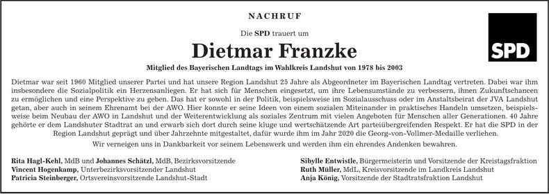 Traueranzeige Dietmar Franzke