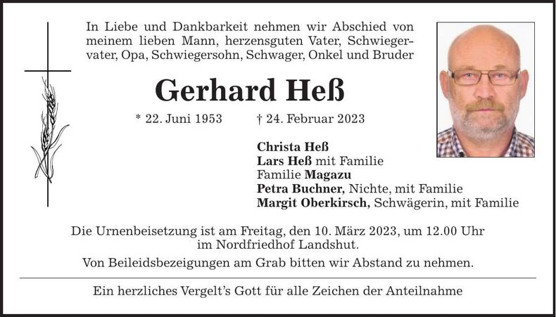Traueranzeige Gerhard Heß