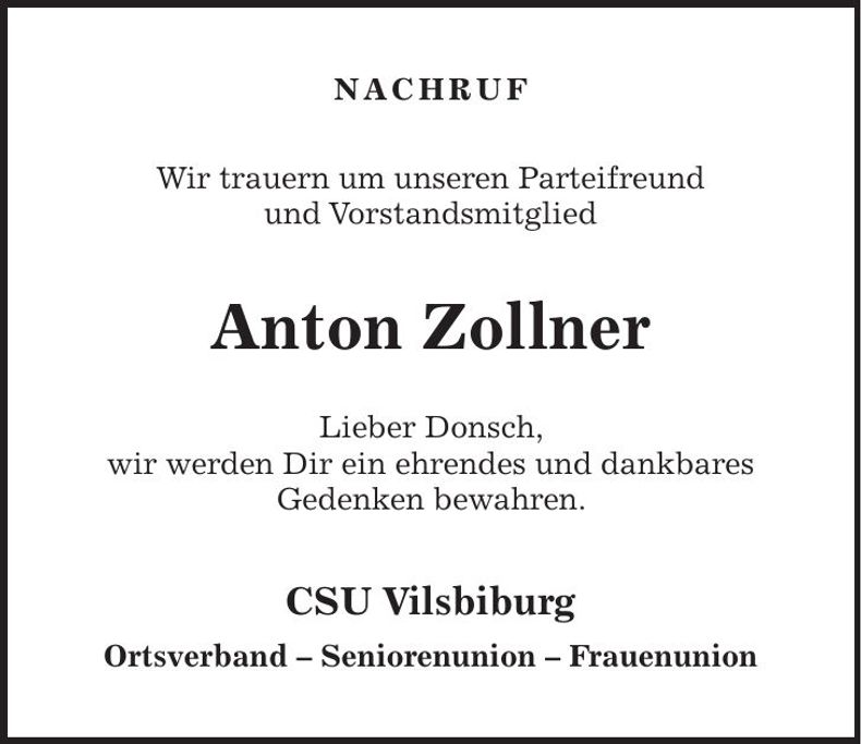 Traueranzeige Anton Zollner