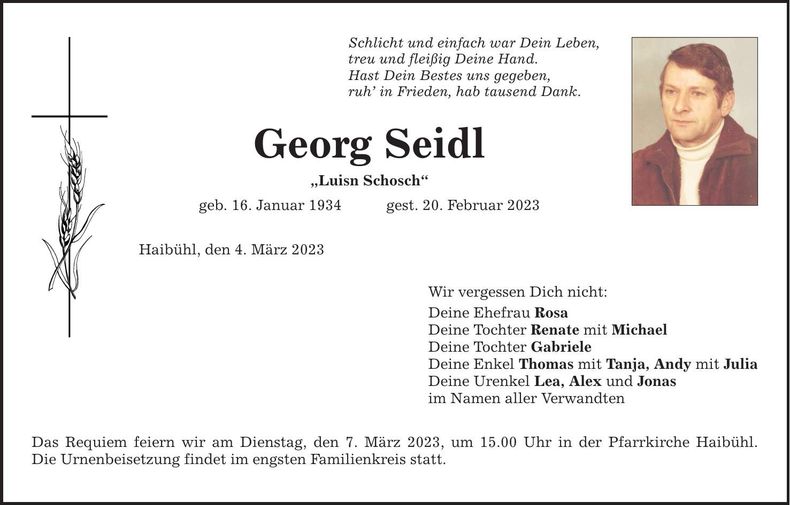 Traueranzeige Georg Seidl