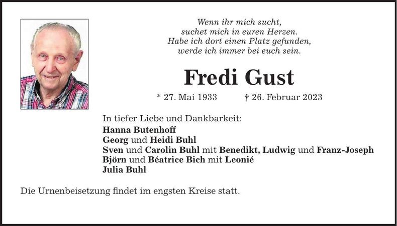 Traueranzeige Fredi Gust