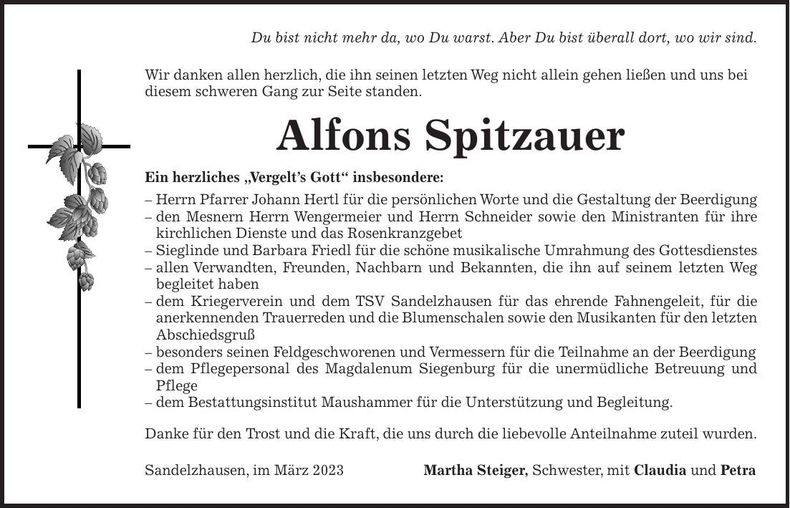 Traueranzeige Alfons Spitzauer