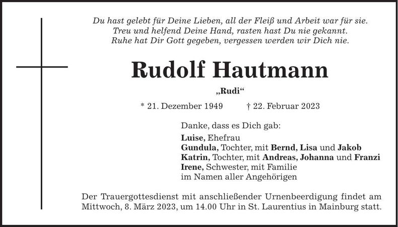 Traueranzeige Rudolf Hautmann