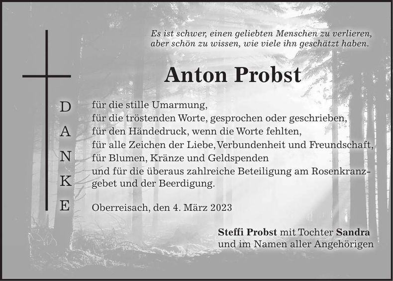 Traueranzeige Anton Probst