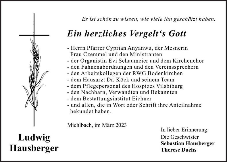Traueranzeige Ludwig Hausberger