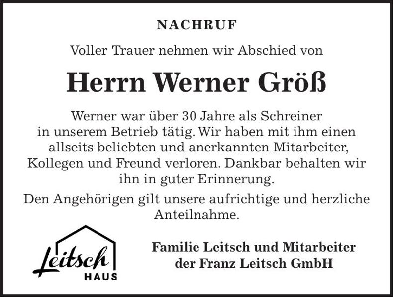 Traueranzeige Werner Größ