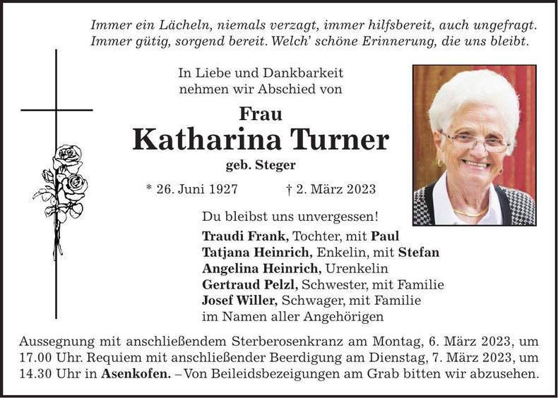Traueranzeige Katharina Turner