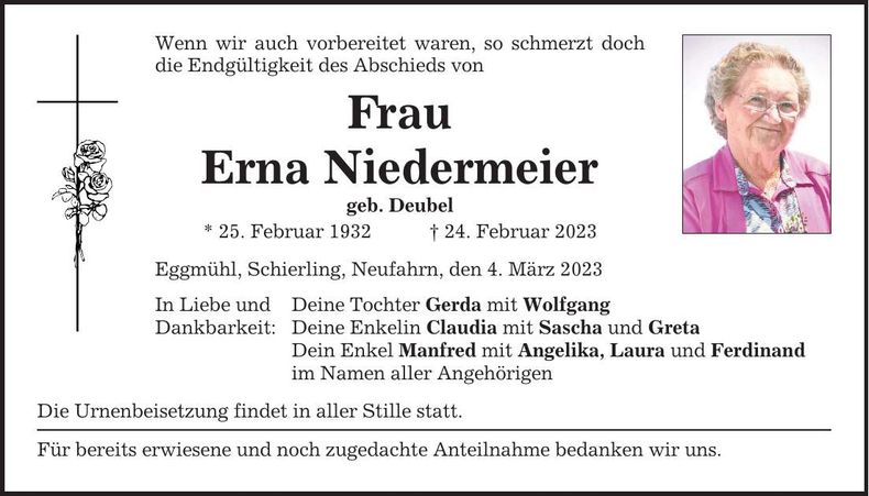 Traueranzeige Erna Niedermeier