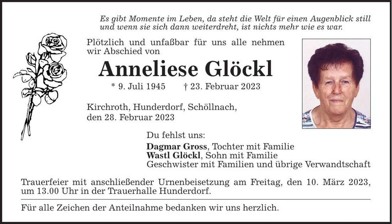 Traueranzeige Anneliese Glöckl