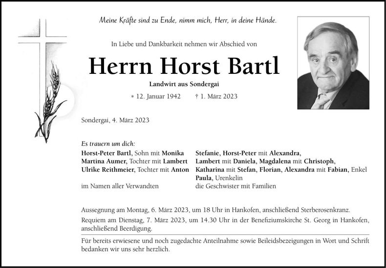 Traueranzeige Horst Bartl