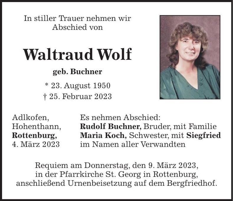 Traueranzeige Waltraud Wolf