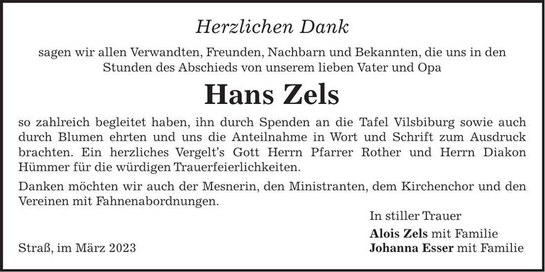 Traueranzeige Hans Zels