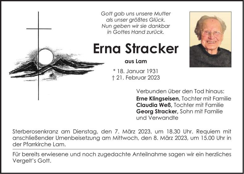 Traueranzeige Erna Stracker