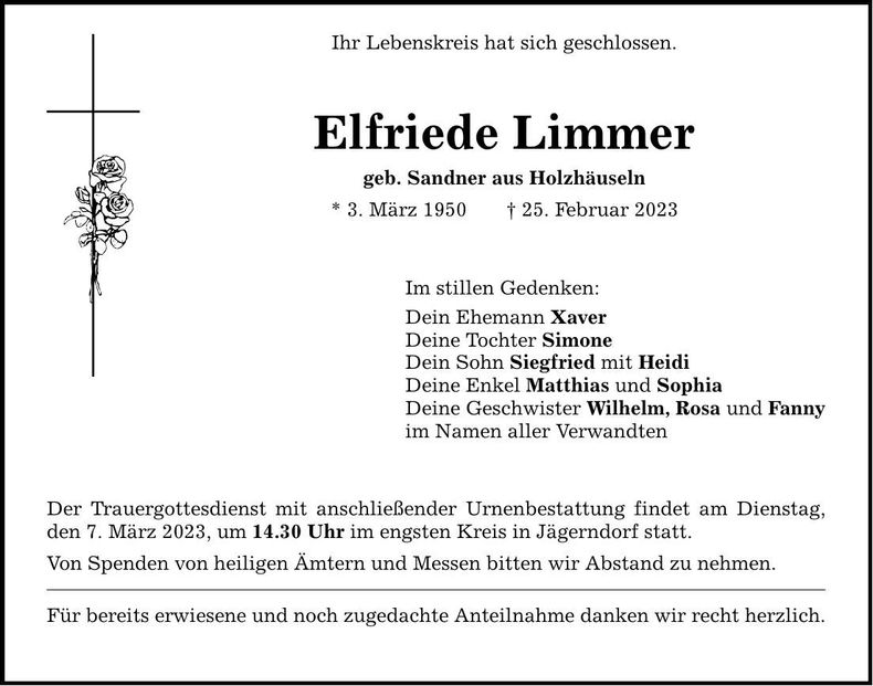 Traueranzeige Elfriede Limmer
