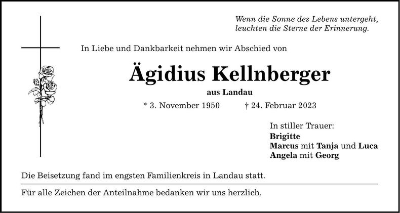 Traueranzeige Ägidius Kellnberger