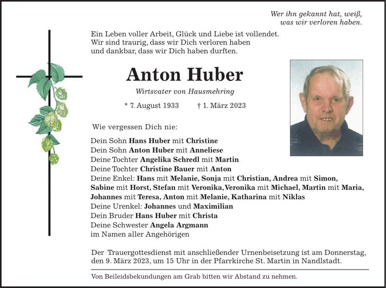 Traueranzeige Anton Huber
