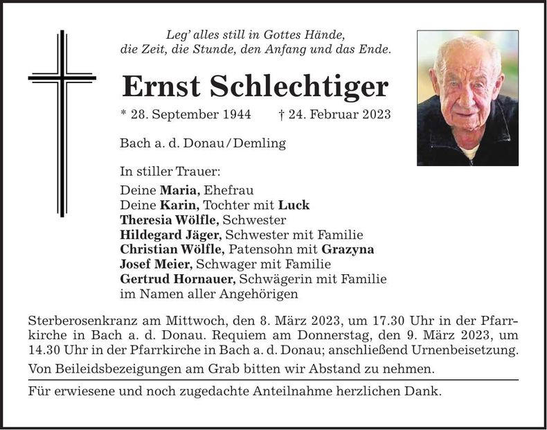 Traueranzeige Ernst Schlechtiger