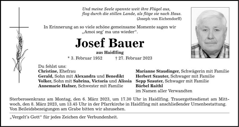 Traueranzeige Josef Bauer