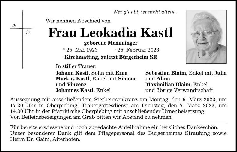 Traueranzeige Leokadia Kastl