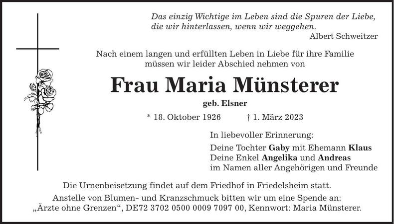 Traueranzeige Maria Münsterer
