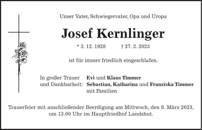 Traueranzeige Josef Kernlinger
