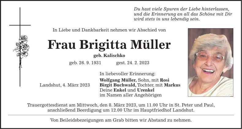 Traueranzeige Brigitta Müller