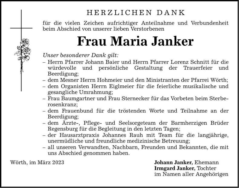 Traueranzeige Maria Janker
